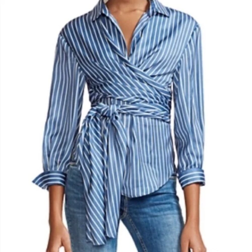 Maje Blue and White Striped Wrap Blouse